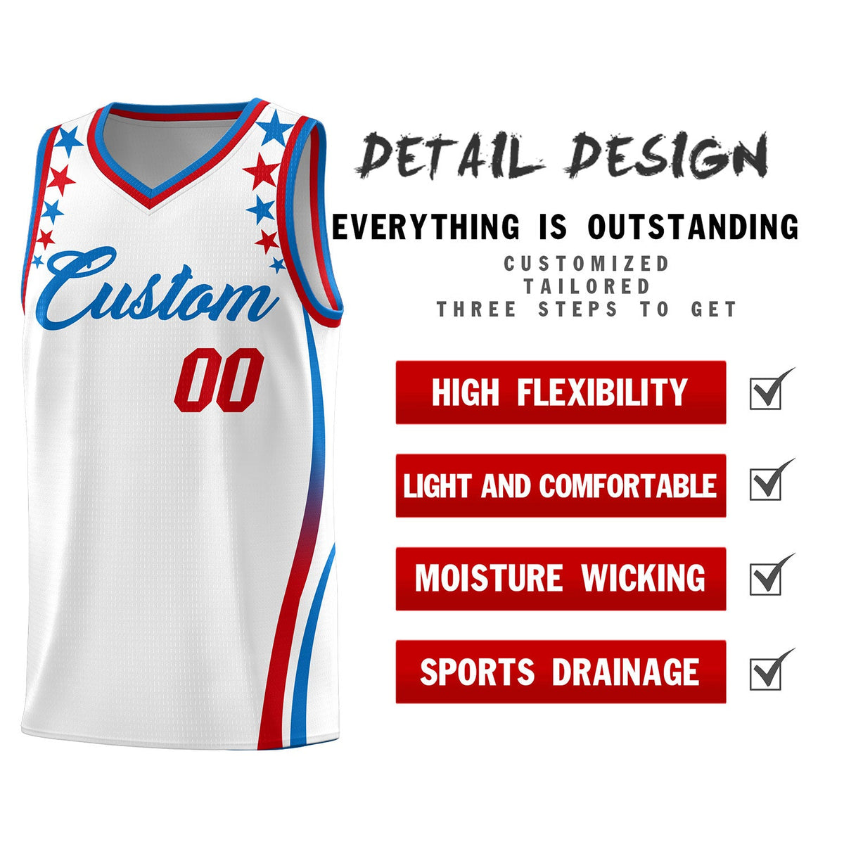 Custom White Shoulders Star Pattern Side Color Block Sports Uniform Basketball Jersey