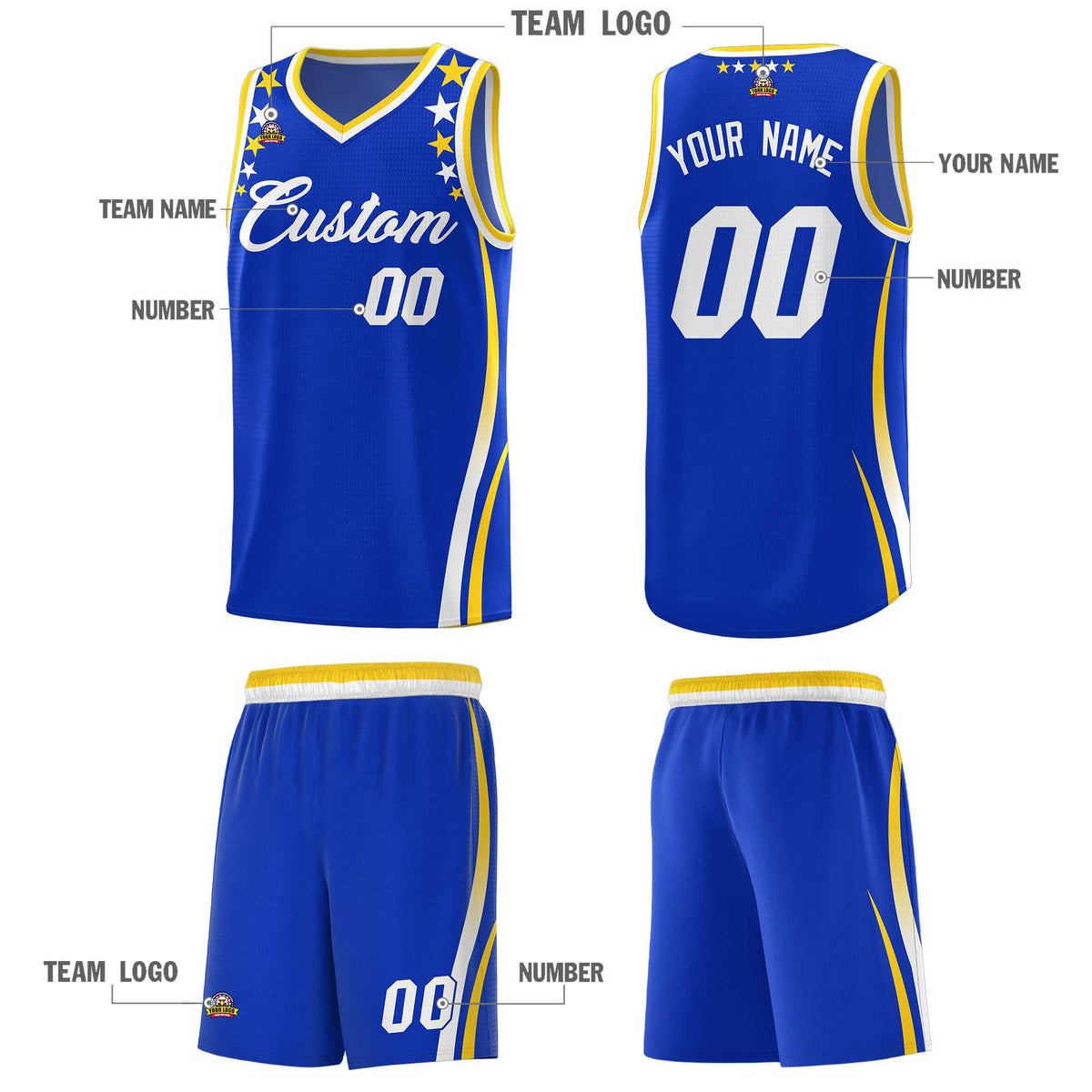 Custom Royal Shoulders Star Pattern Side Color Block Sports Uniform Basketball Jersey