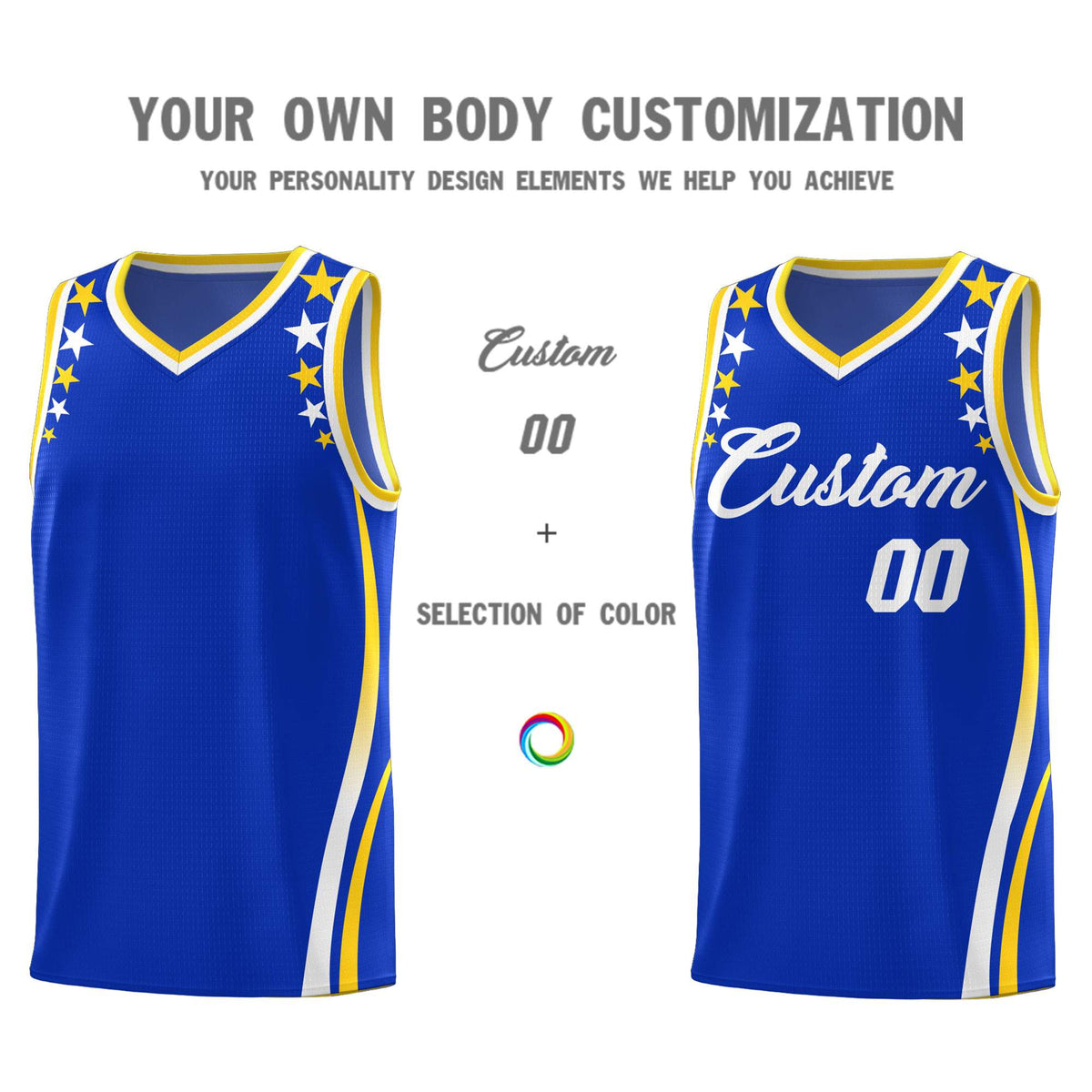 Custom Royal Shoulders Star Pattern Side Color Block Sports Uniform Basketball Jersey