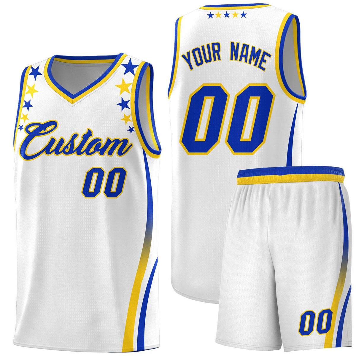 Custom White Shoulders Star Pattern Side Color Block Sports Uniform Basketball Jersey
