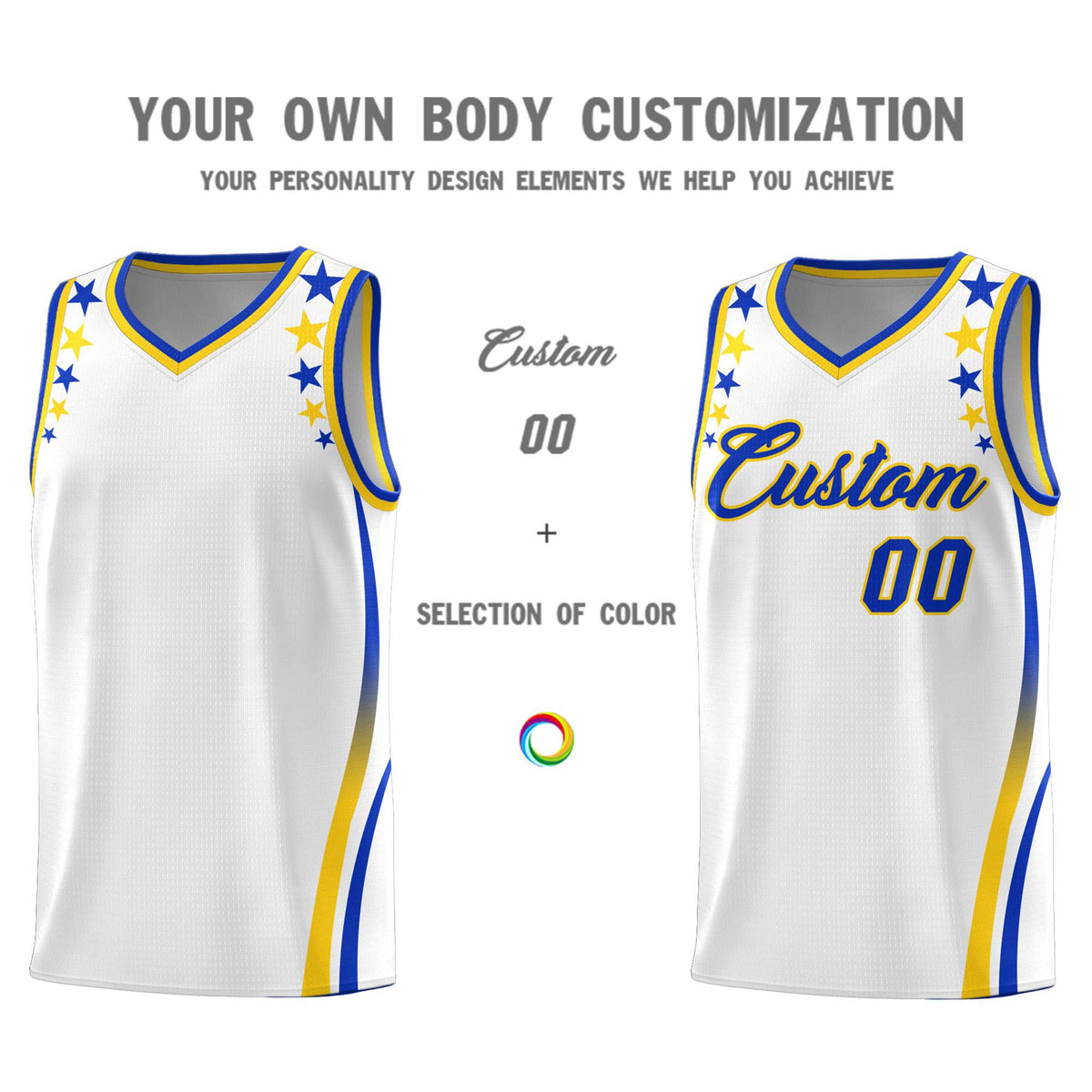 Custom White Shoulders Star Pattern Side Color Block Sports Uniform Basketball Jersey