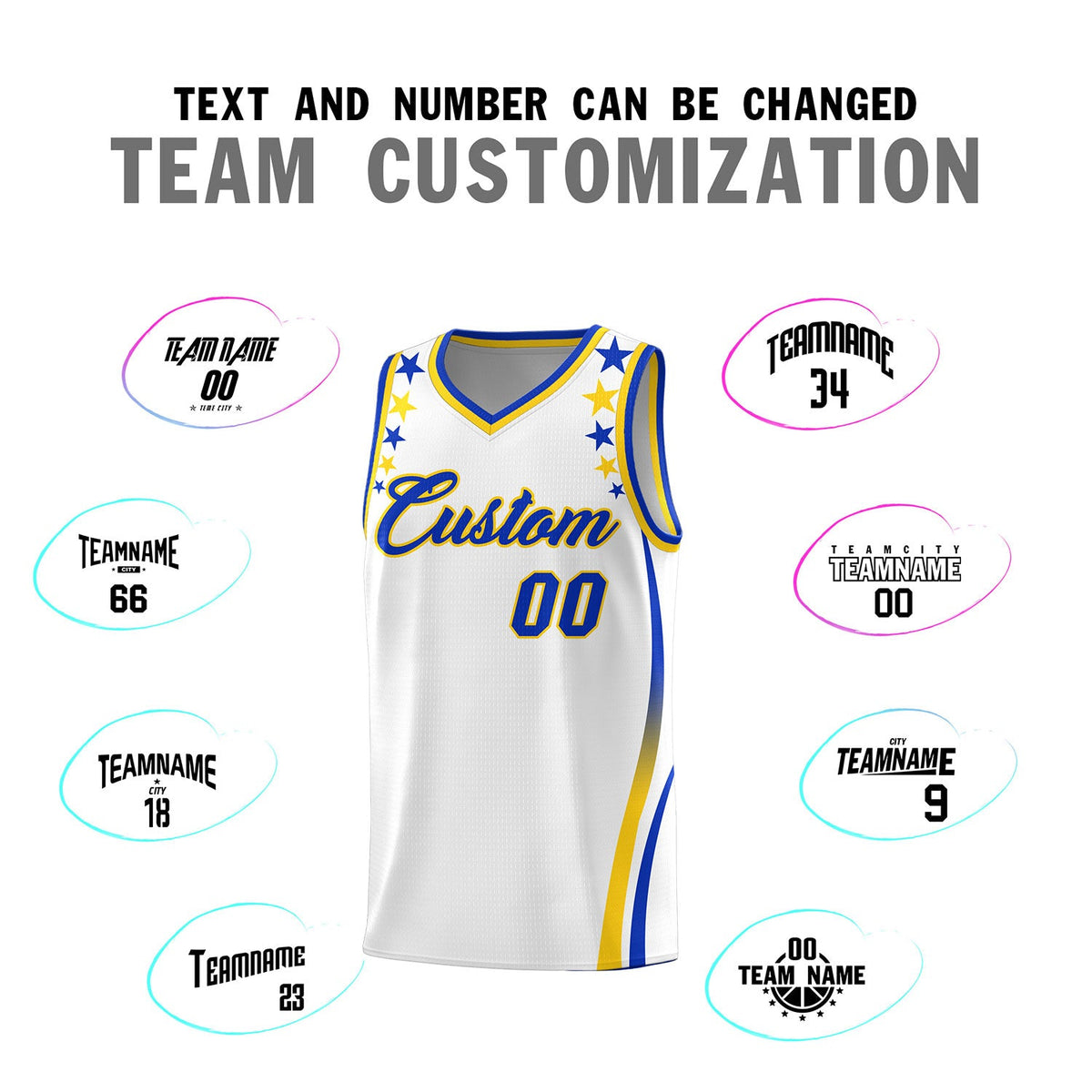 Custom White Shoulders Star Pattern Side Color Block Sports Uniform Basketball Jersey