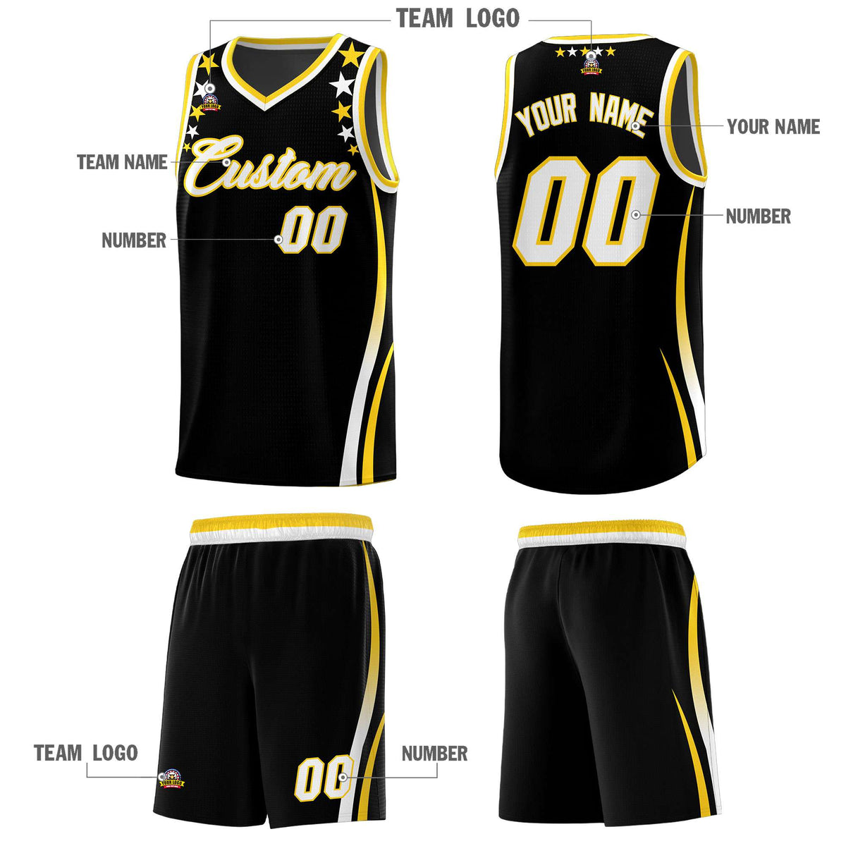 Custom Black Shoulders Star Pattern Side Color Block Sports Uniform Basketball Jersey