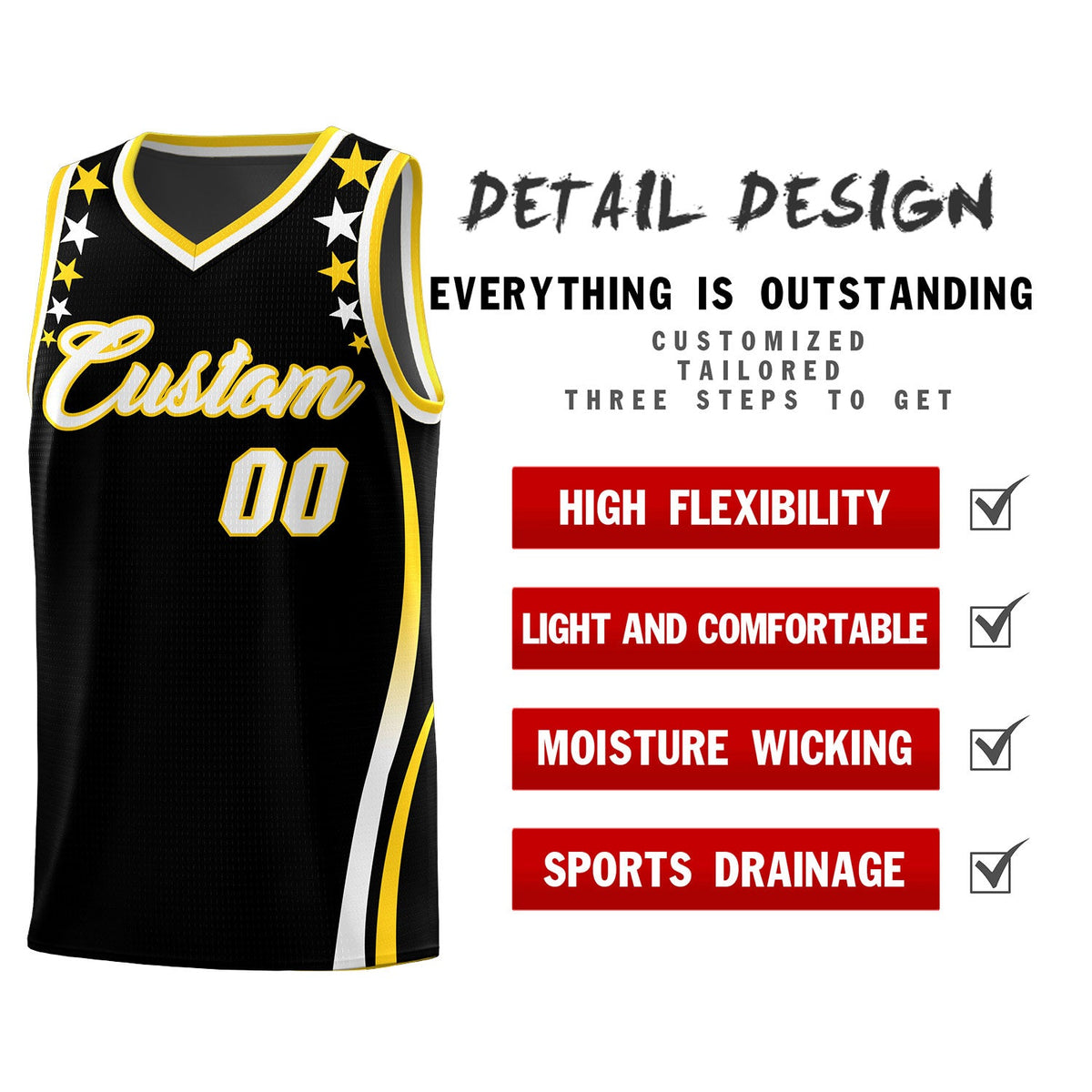 Custom Black Shoulders Star Pattern Side Color Block Sports Uniform Basketball Jersey