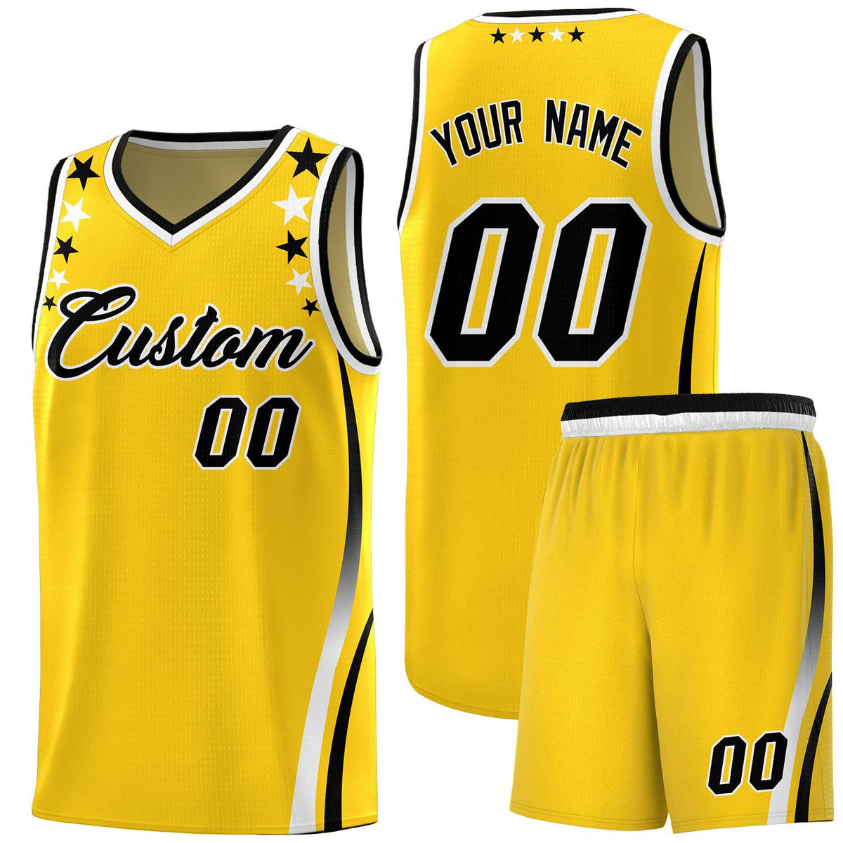 Custom Gold Shoulders Star Pattern Side Color Block Sports Uniform Basketball Jersey