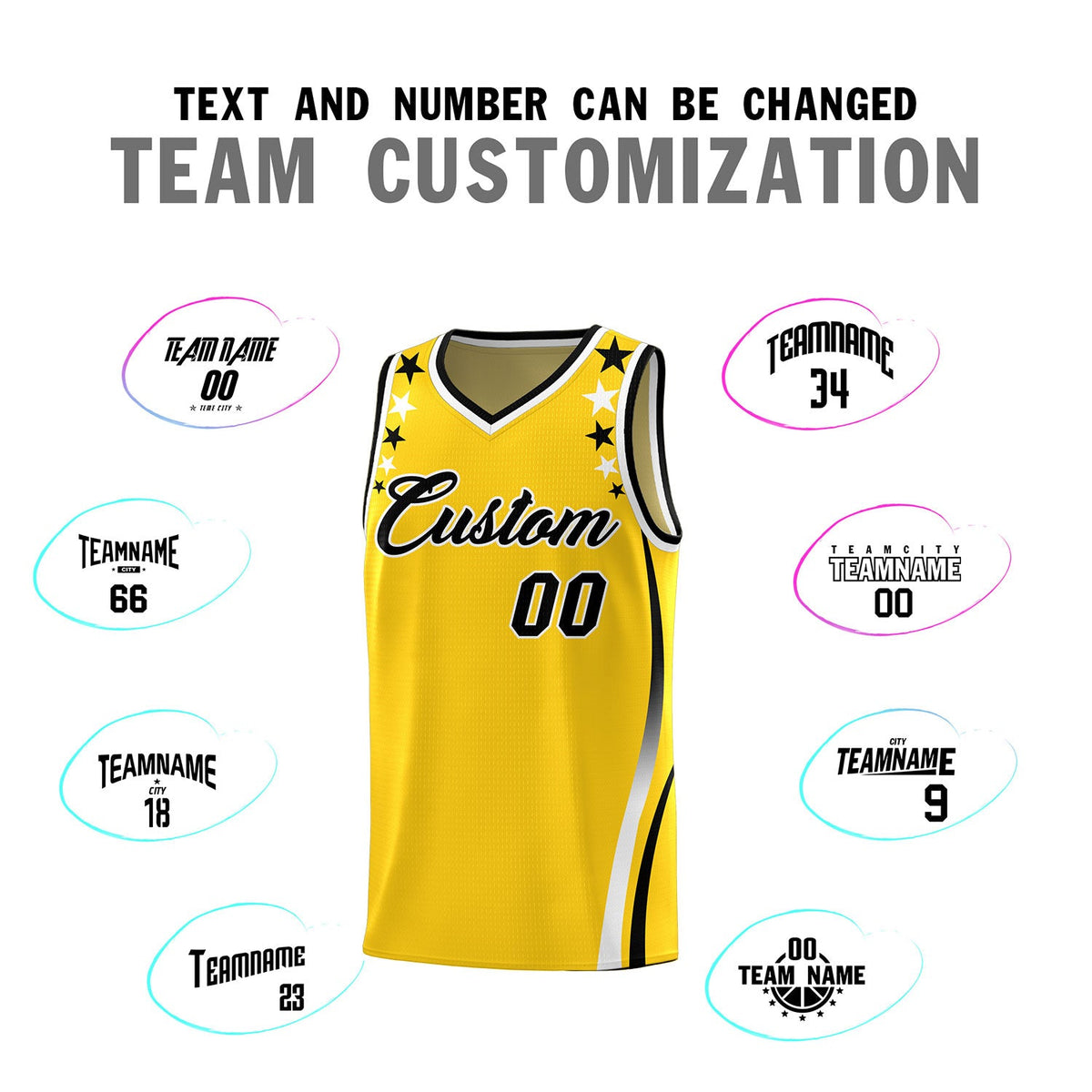 Custom Gold Shoulders Star Pattern Side Color Block Sports Uniform Basketball Jersey