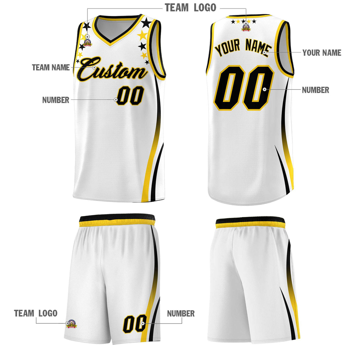 Custom White Shoulders Star Pattern Side Color Block Sports Uniform Basketball Jersey