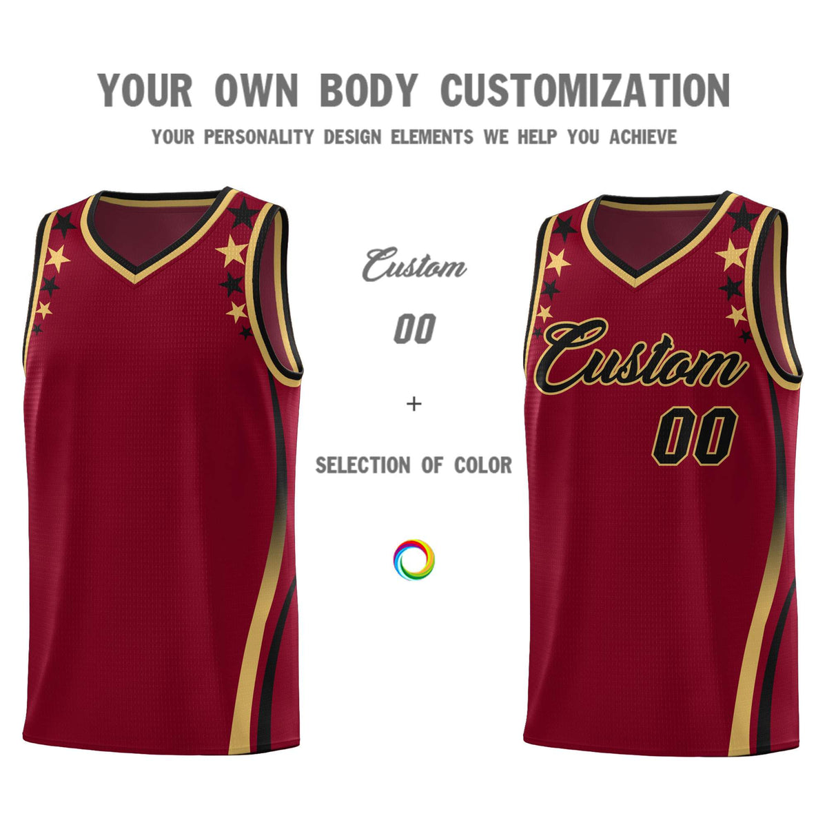 Custom Crimson Shoulders Star Pattern Side Color Block Sports Uniform Basketball Jersey