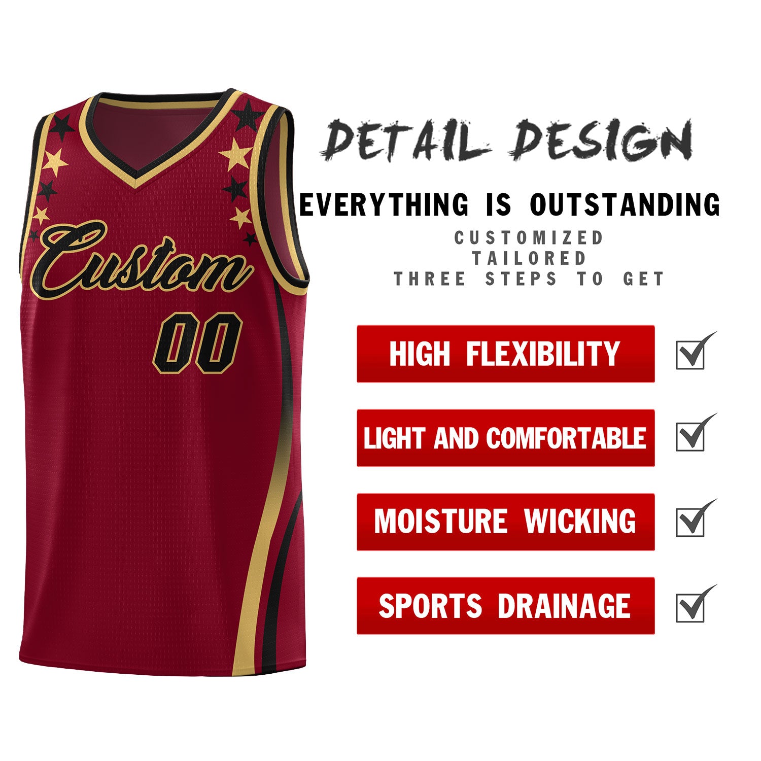 Custom Crimson Shoulders Star Pattern Side Color Block Sports Uniform Basketball Jersey