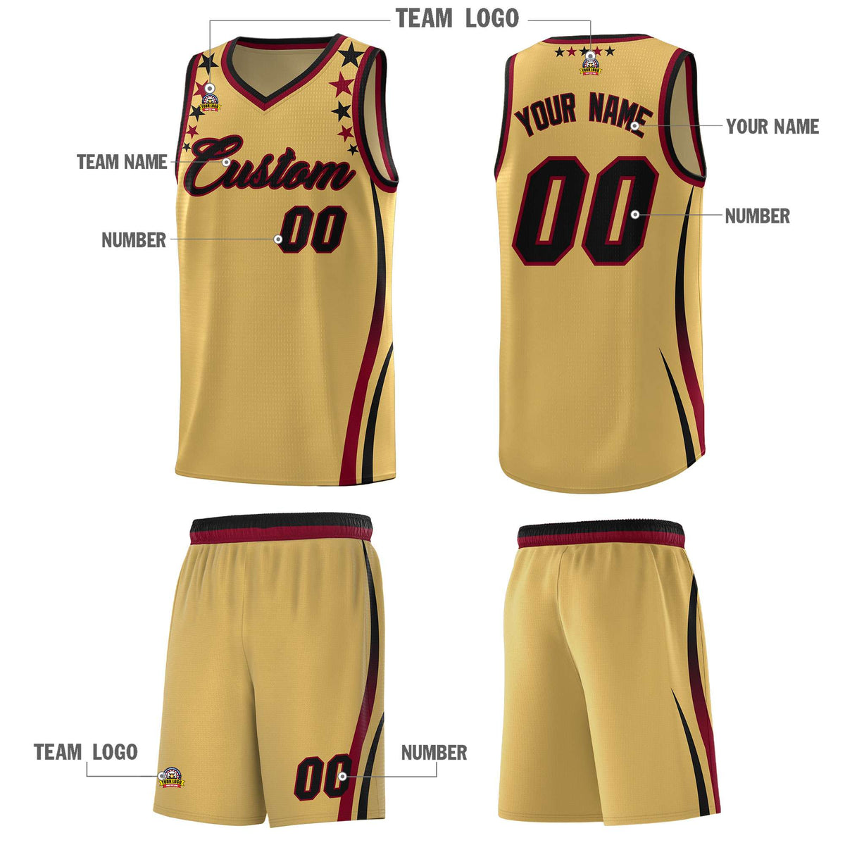 Custom Old Gold Shoulders Star Pattern Side Color Block Sports Uniform Basketball Jersey