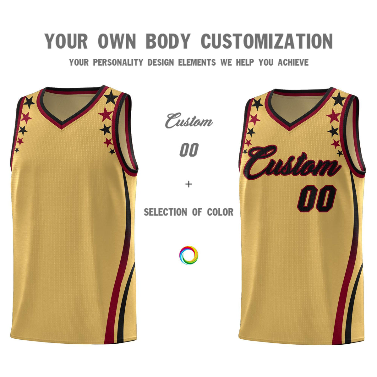 Custom Old Gold Shoulders Star Pattern Side Color Block Sports Uniform Basketball Jersey