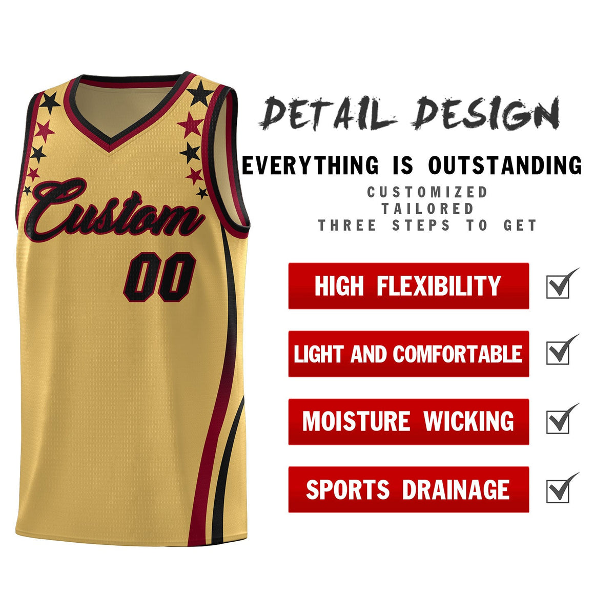 Custom Old Gold Shoulders Star Pattern Side Color Block Sports Uniform Basketball Jersey