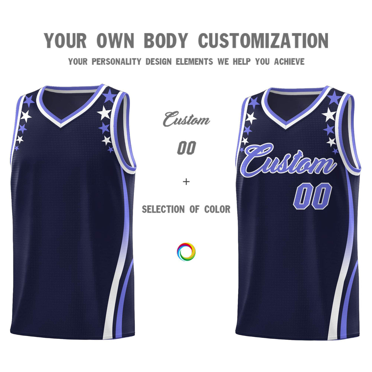 Custom Navy Shoulders Star Pattern Side Color Block Sports Uniform Basketball Jersey