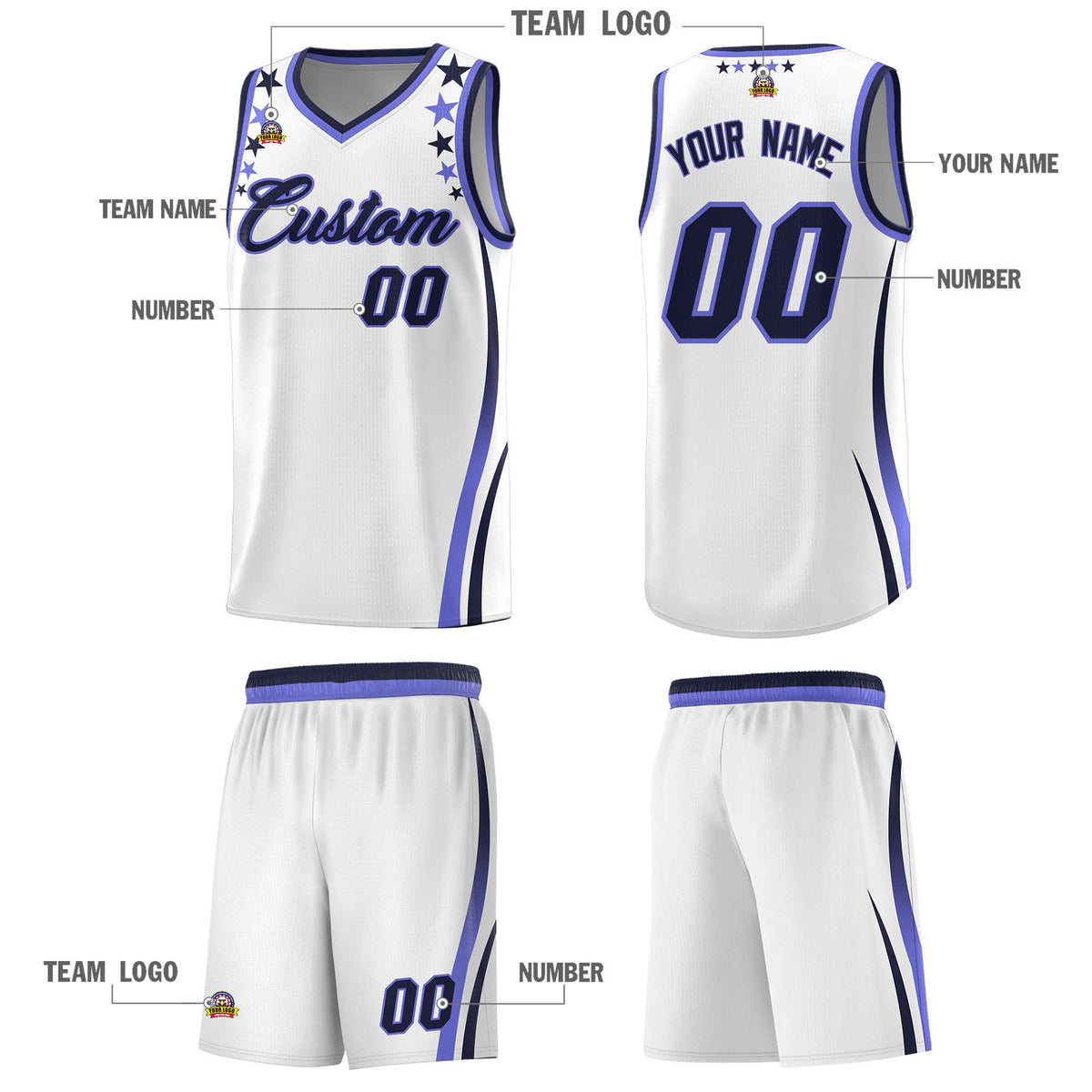 Custom White Shoulders Star Pattern Side Color Block Sports Uniform Basketball Jersey