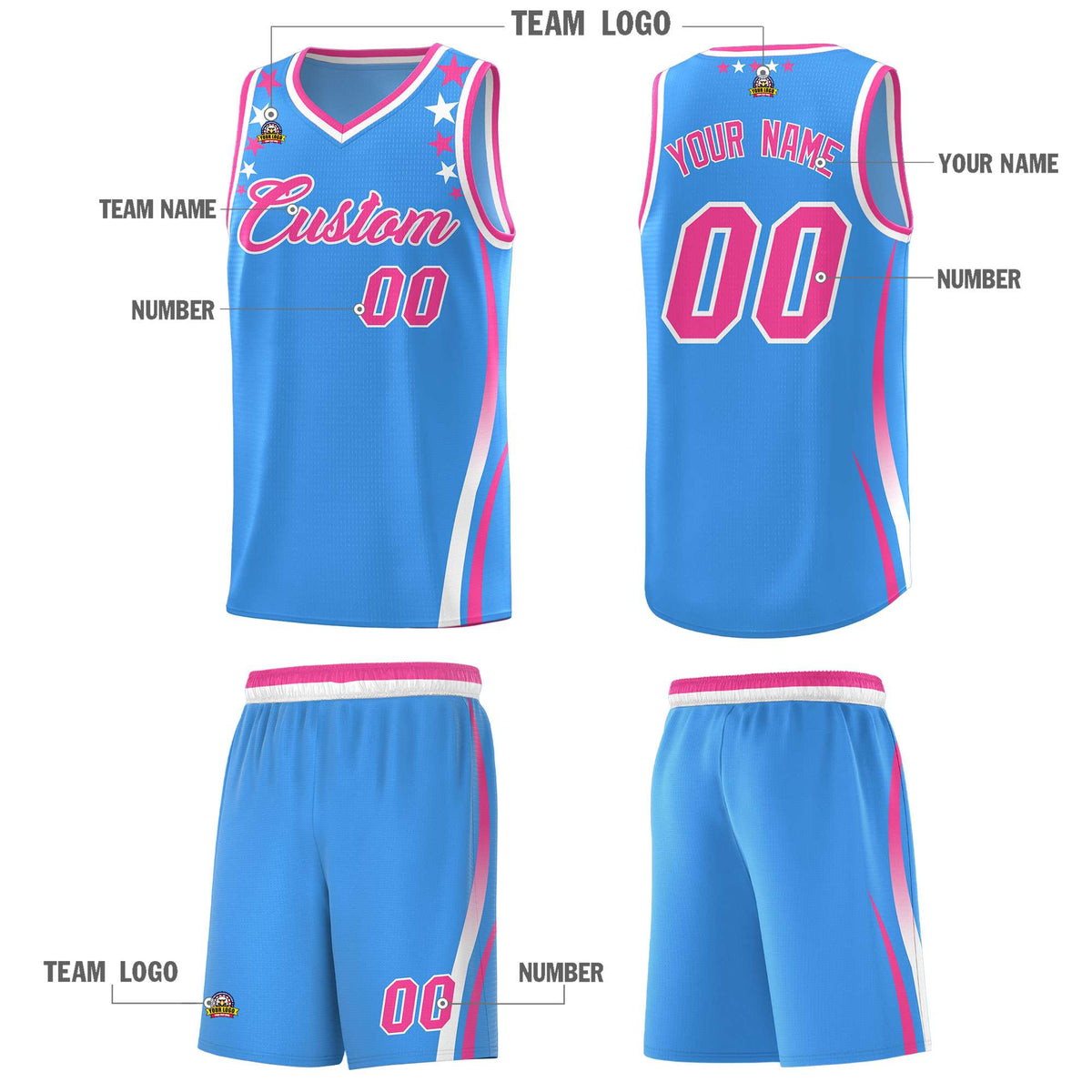 Custom Light Blue Shoulders Star Pattern Side Color Block Sports Uniform Basketball Jersey