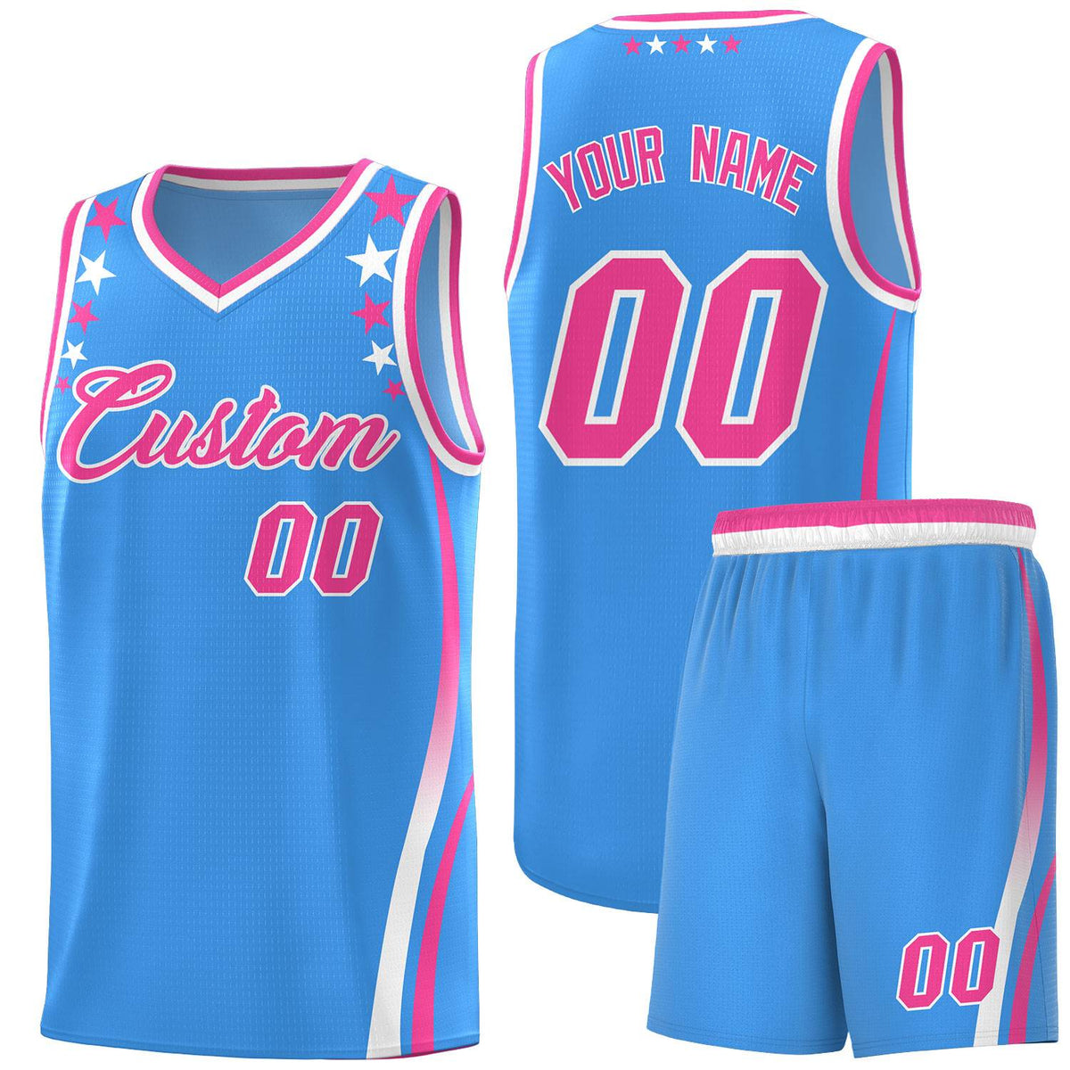 Custom Light Blue Shoulders Star Pattern Side Color Block Sports Uniform Basketball Jersey