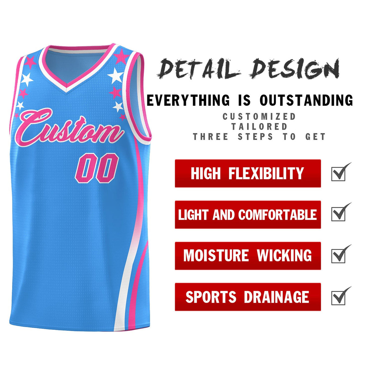 Custom Light Blue Shoulders Star Pattern Side Color Block Sports Uniform Basketball Jersey