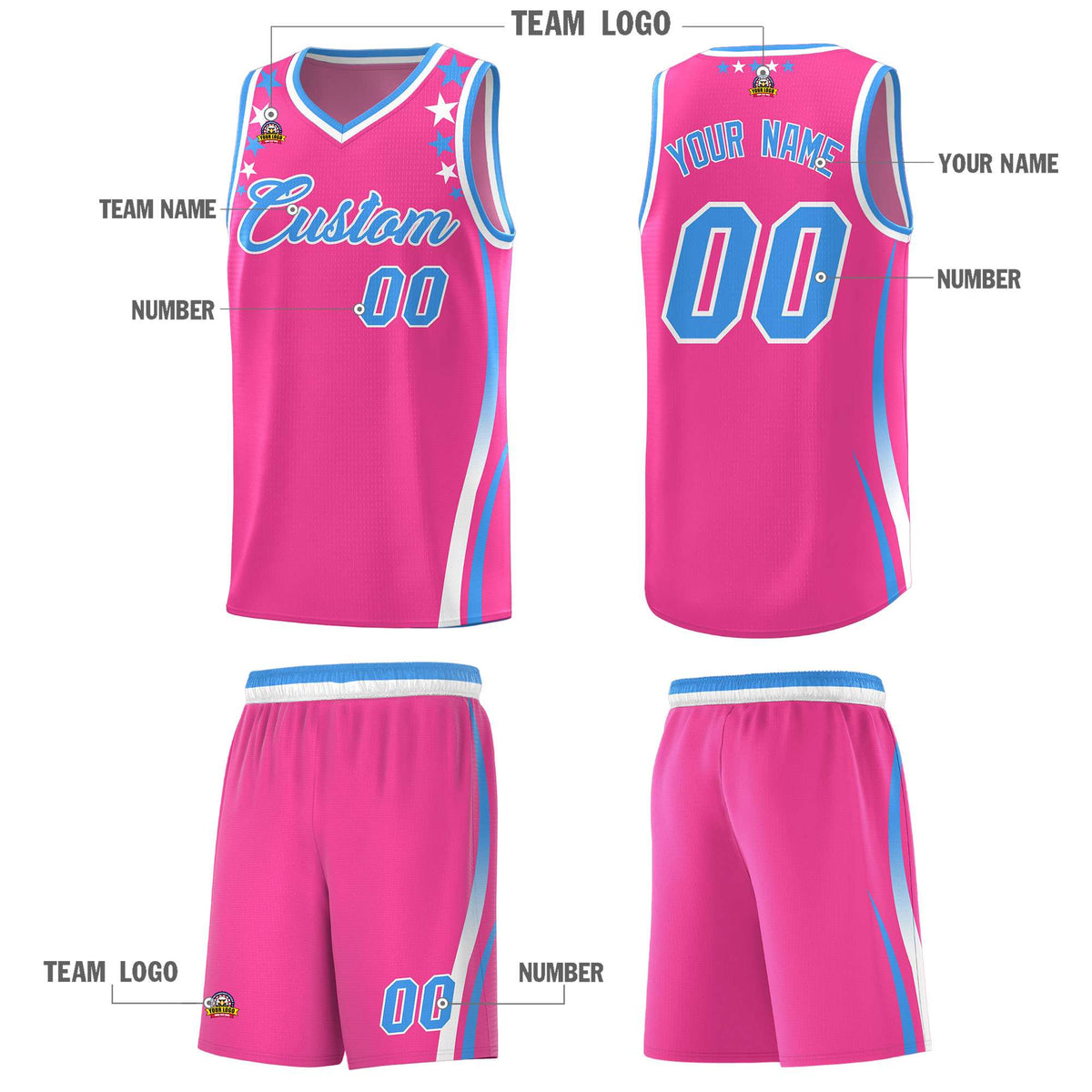 Custom Pink Shoulders Star Pattern Side Color Block Sports Uniform Basketball Jersey