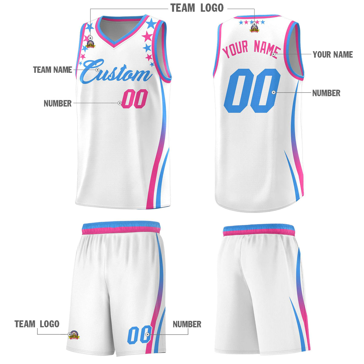 Custom White Shoulders Star Pattern Side Color Block Sports Uniform Basketball Jersey