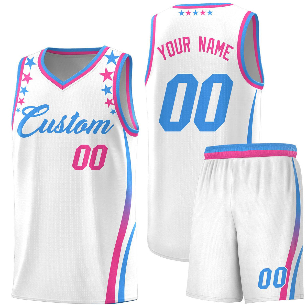 Custom White Shoulders Star Pattern Side Color Block Sports Uniform Basketball Jersey