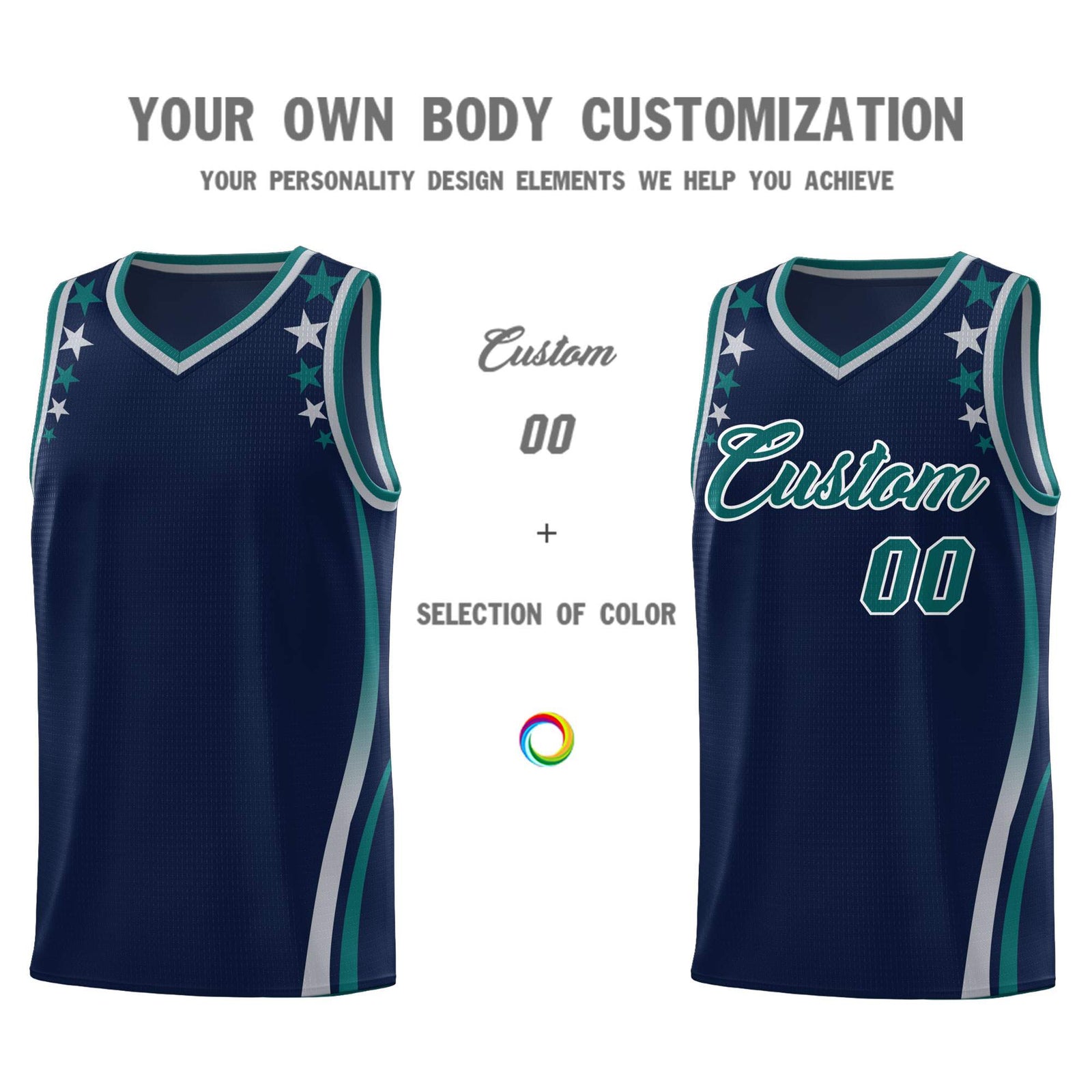 Custom Navy Shoulders Star Pattern Side Color Block Sports Uniform Basketball Jersey