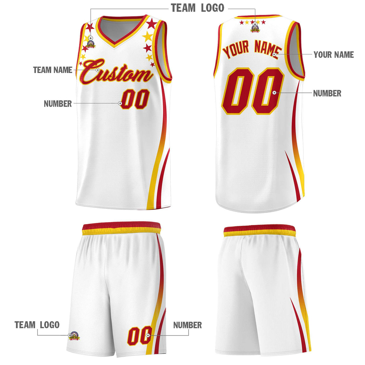 Custom White Shoulders Star Pattern Side Color Block Sports Uniform Basketball Jersey