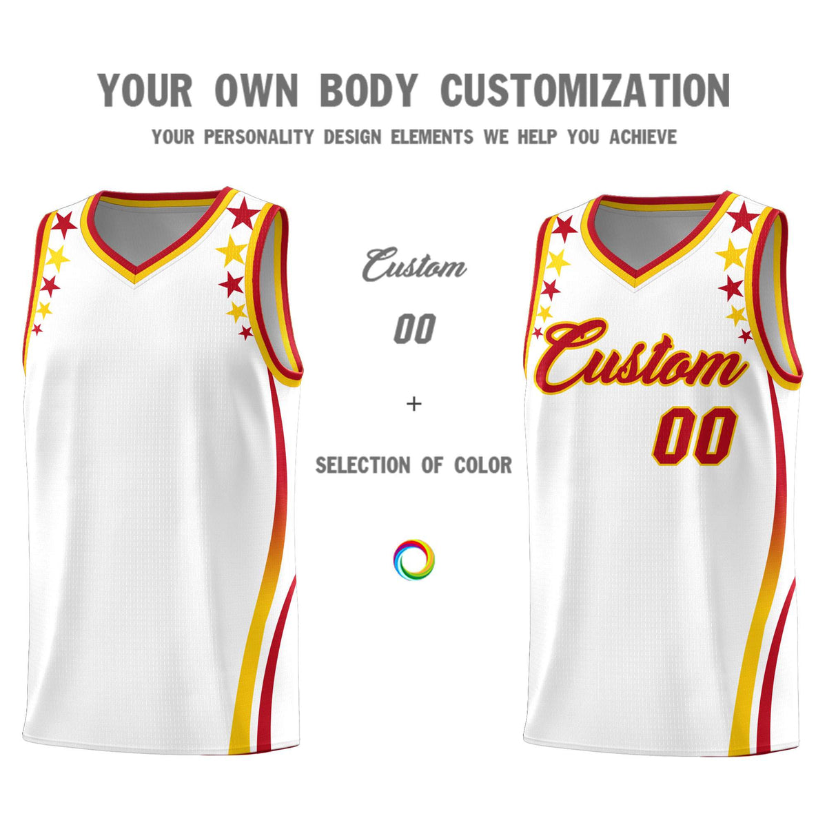 Custom White Shoulders Star Pattern Side Color Block Sports Uniform Basketball Jersey