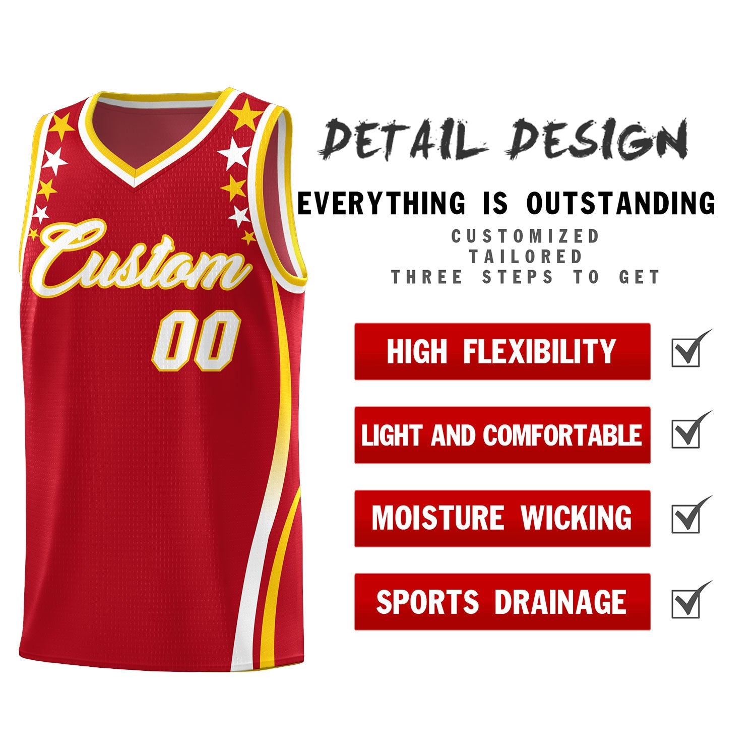 Custom Red Shoulders Star Pattern Side Color Block Sports Uniform Basketball Jersey