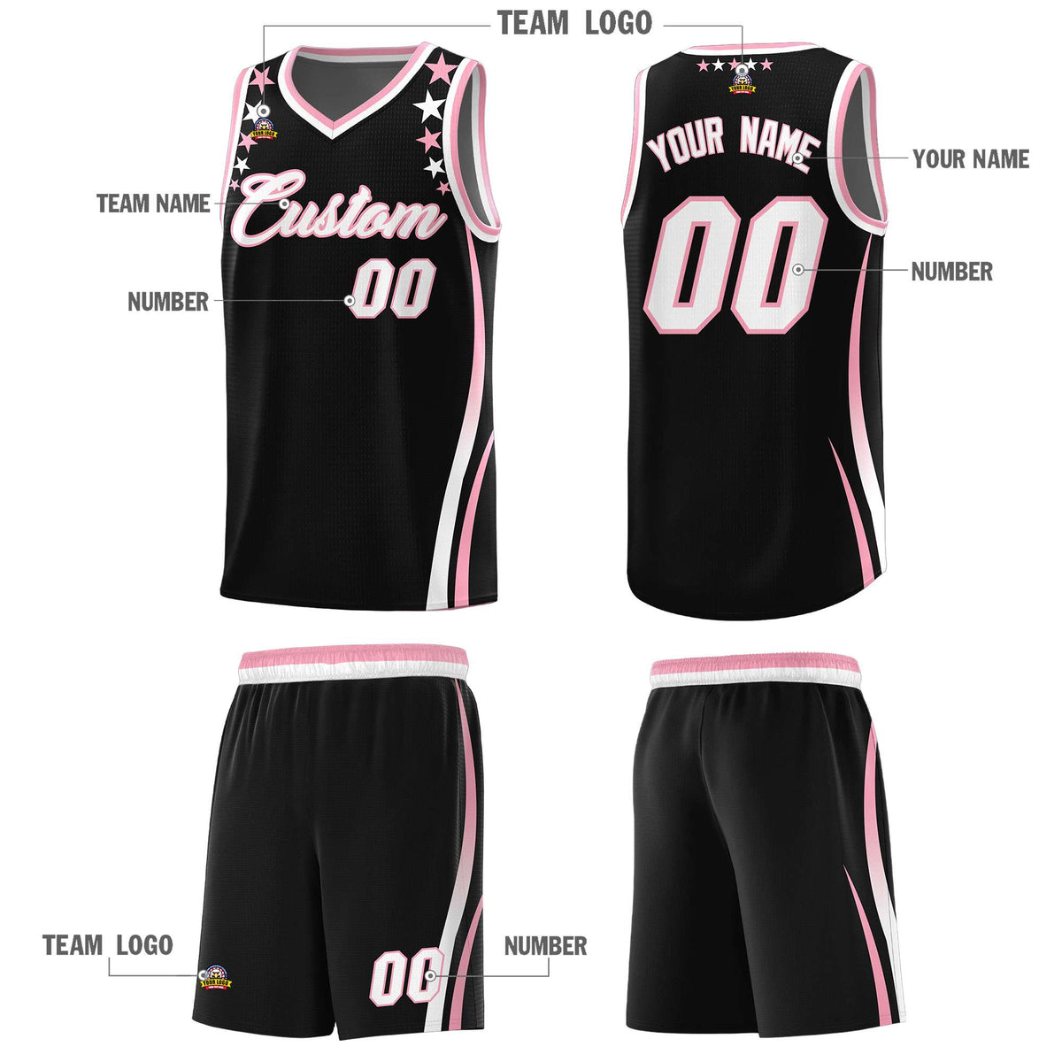 Custom Black Shoulders Star Pattern Side Color Block Sports Uniform Basketball Jersey