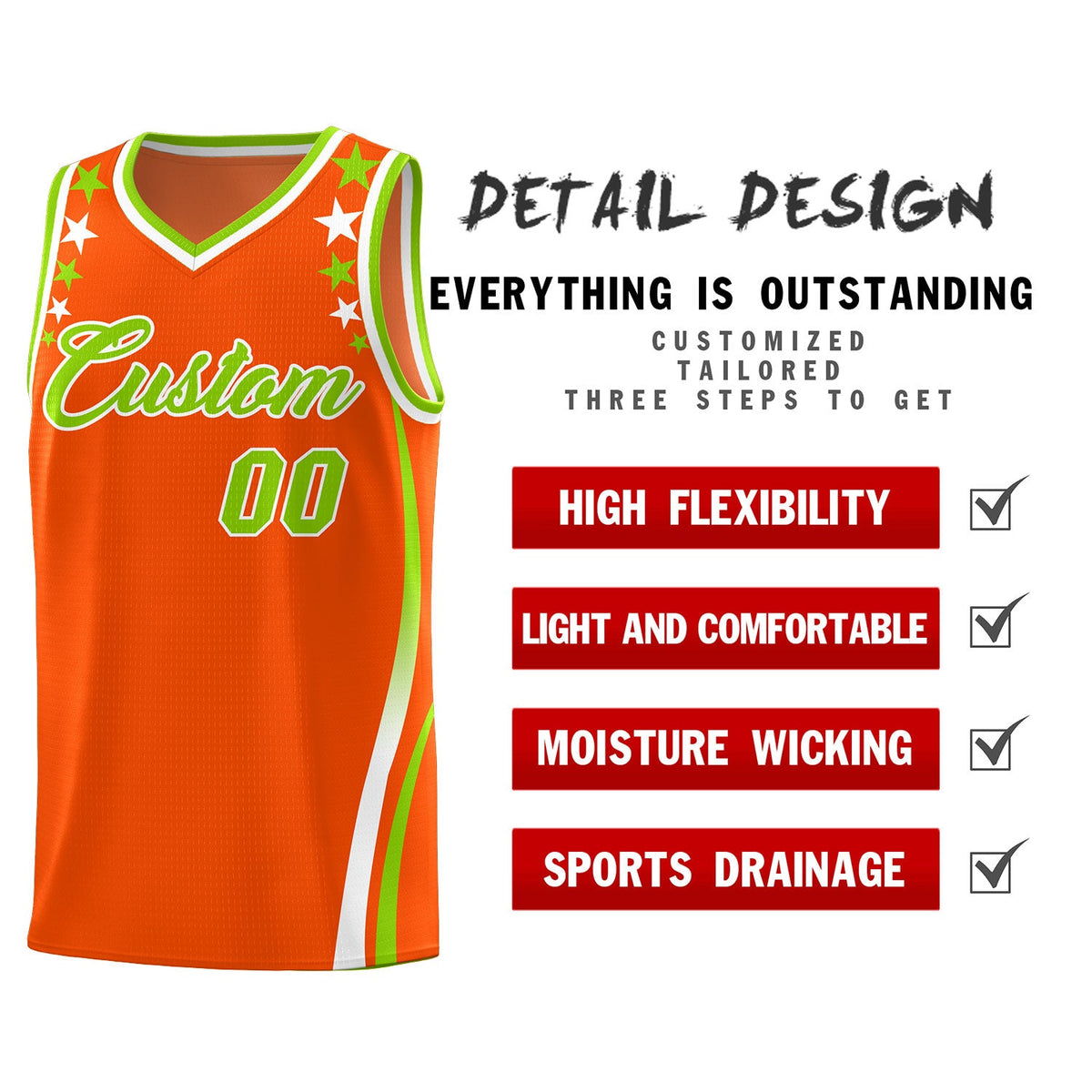 Custom Orange Shoulders Star Pattern Side Color Block Sports Uniform Basketball Jersey