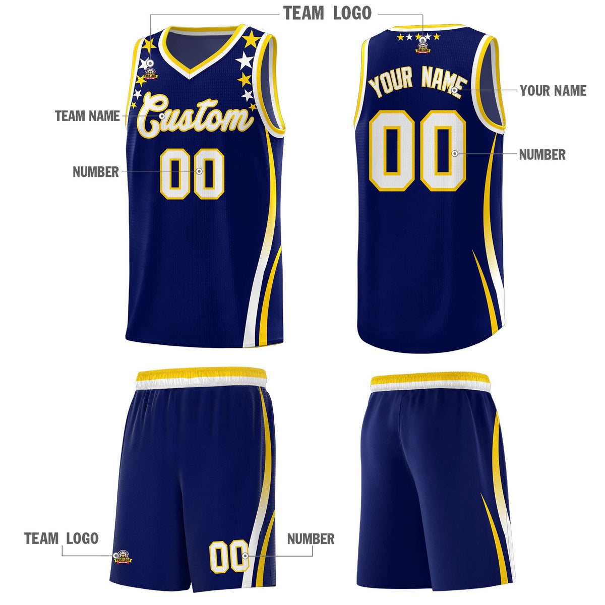 Custom Navy Shoulders Star Pattern Side Color Block Sports Uniform Basketball Jersey