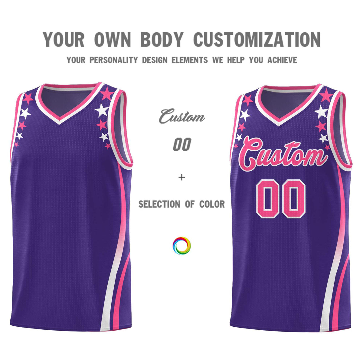 Custom Purple Shoulders Star Pattern Side Color Block Sports Uniform Basketball Jersey
