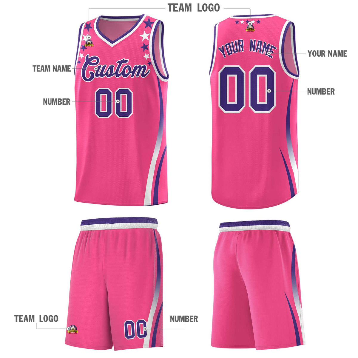 Custom Pink Shoulders Star Pattern Side Color Block Sports Uniform Basketball Jersey
