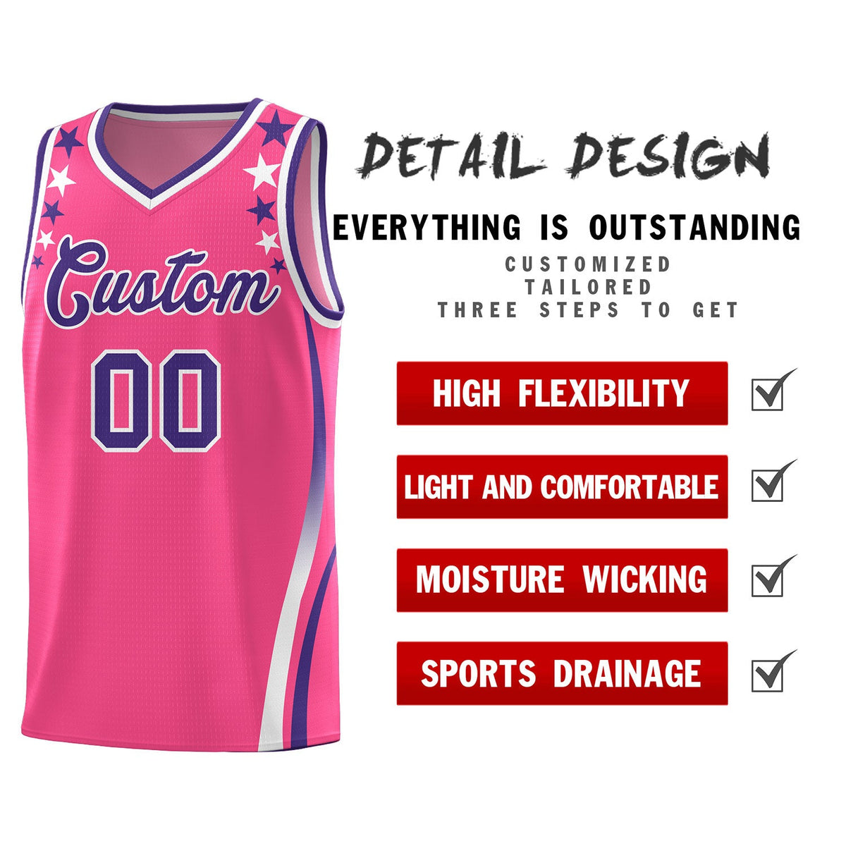 Custom Pink Shoulders Star Pattern Side Color Block Sports Uniform Basketball Jersey