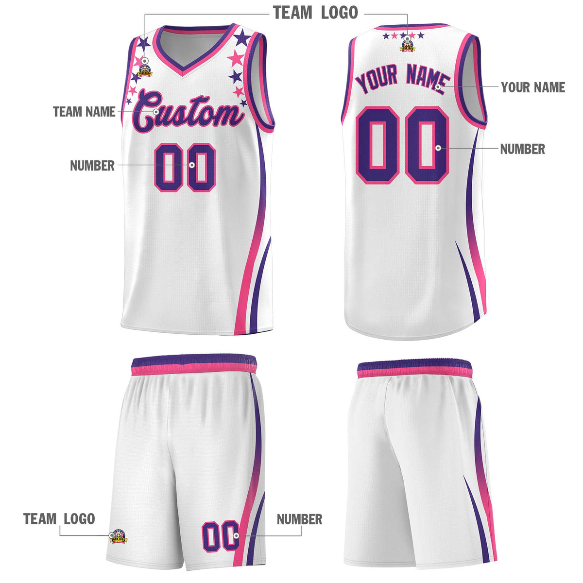 Custom White Shoulders Star Pattern Side Color Block Sports Uniform Basketball Jersey