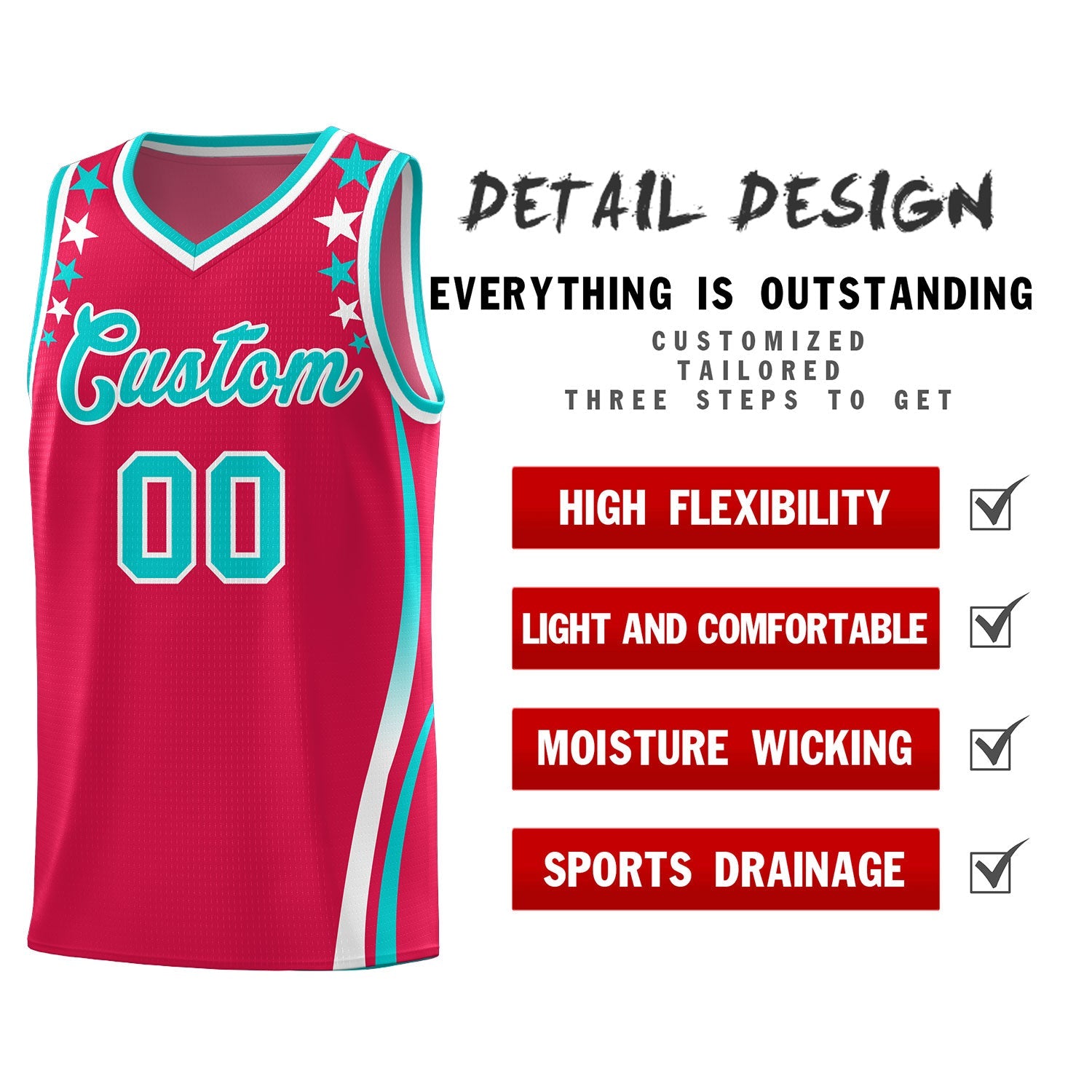 Custom Red Shoulders Star Pattern Side Color Block Sports Uniform Basketball Jersey