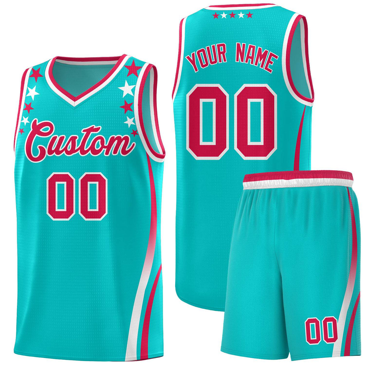 Custom Sky Blue Shoulders Star Pattern Side Color Block Sports Uniform Basketball Jersey