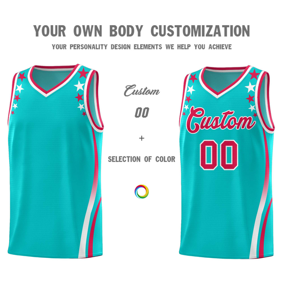 Custom Sky Blue Shoulders Star Pattern Side Color Block Sports Uniform Basketball Jersey