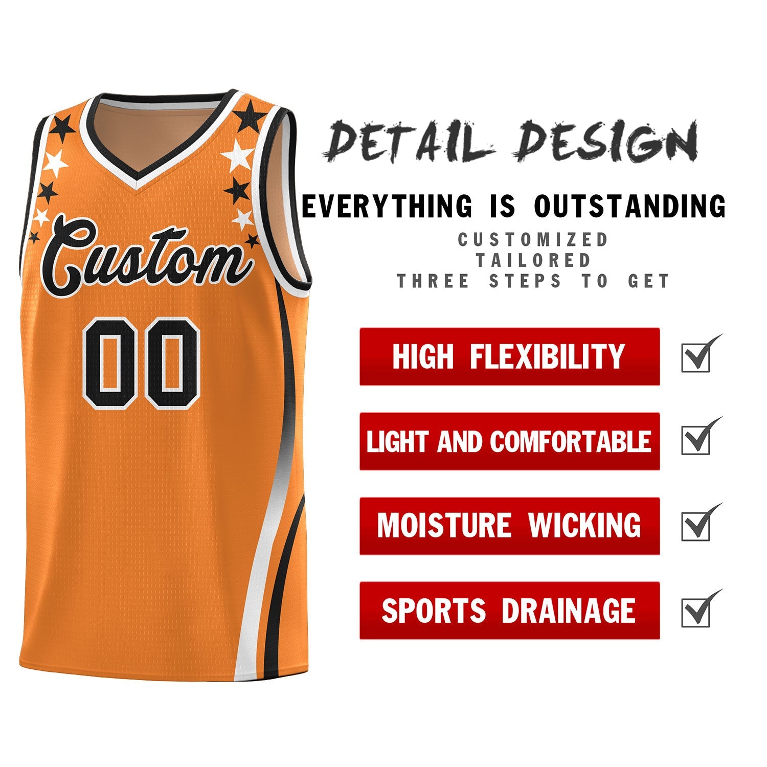 Custom Orange Shoulders Star Pattern Side Color Block Sports Uniform Basketball Jersey