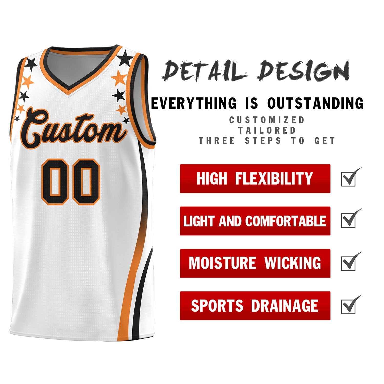 Custom White Shoulders Star Pattern Side Color Block Sports Uniform Basketball Jersey