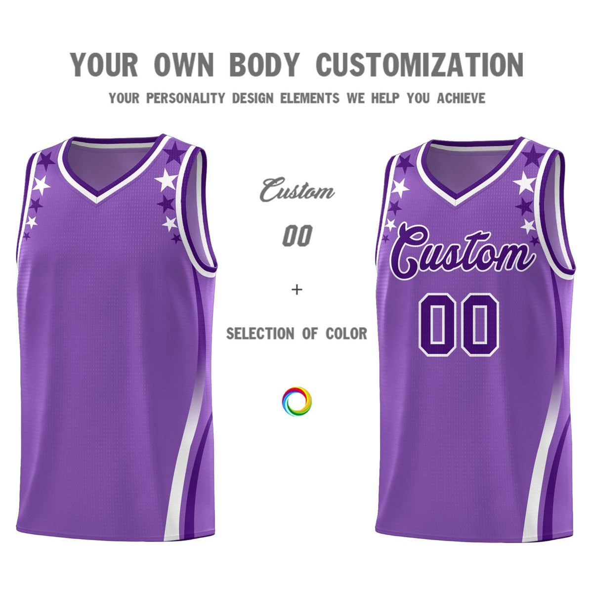 Custom Light Purple Shoulders Star Pattern Side Color Block Sports Uniform Basketball Jersey