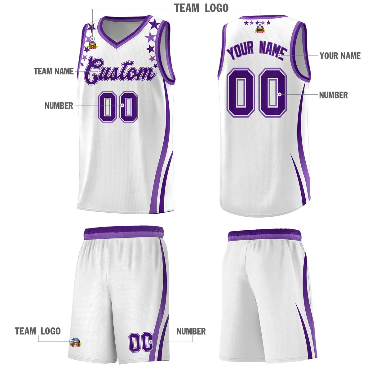 Custom White Shoulders Star Pattern Side Color Block Sports Uniform Basketball Jersey