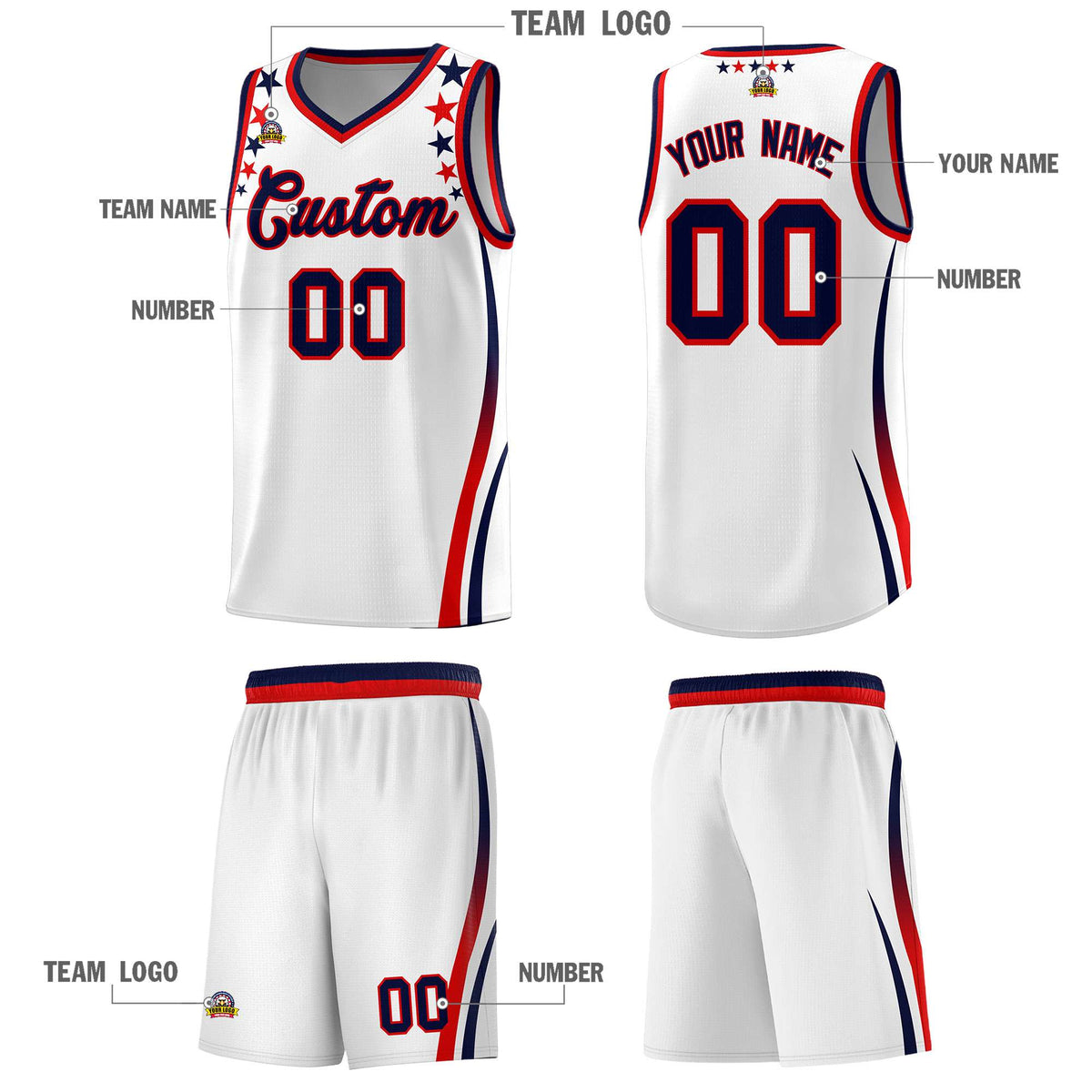 Custom White Shoulders Star Pattern Side Color Block Sports Uniform Basketball Jersey