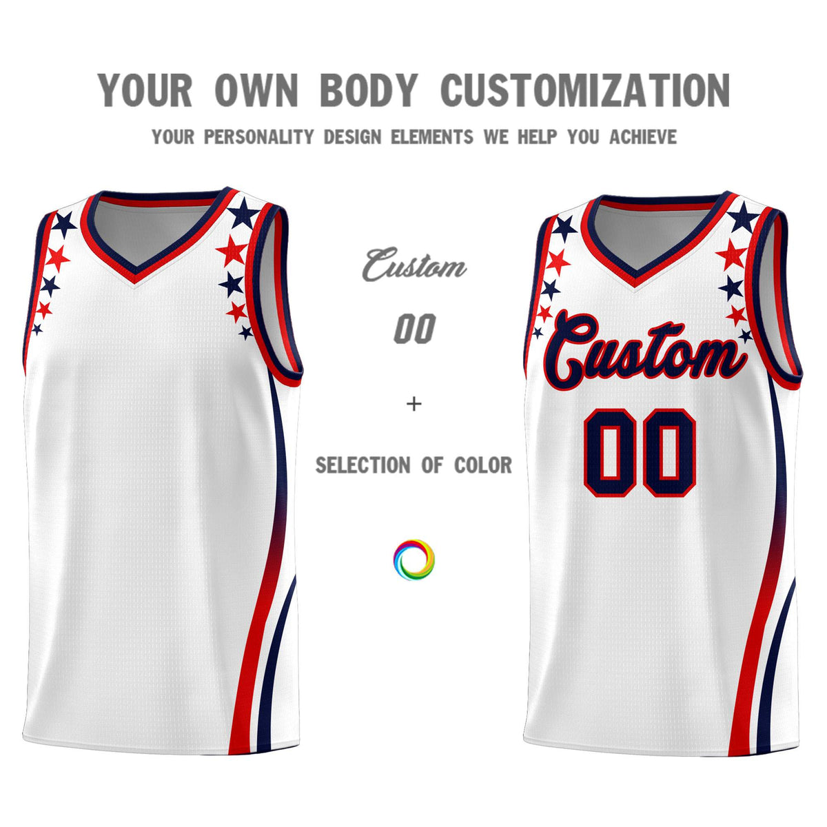 Custom White Shoulders Star Pattern Side Color Block Sports Uniform Basketball Jersey