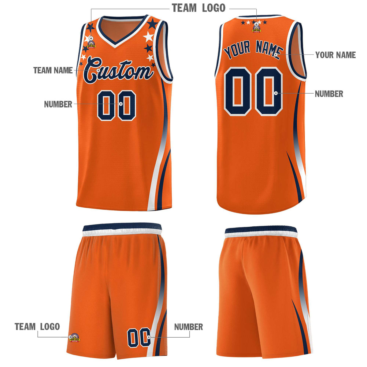 Custom Orange Shoulders Star Pattern Side Color Block Sports Uniform Basketball Jersey