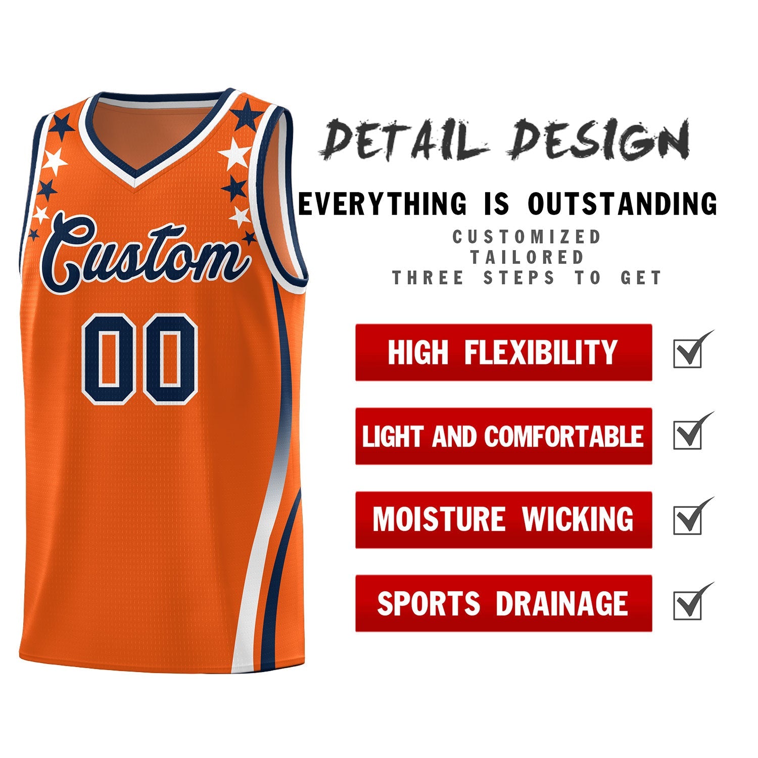 Custom Orange Shoulders Star Pattern Side Color Block Sports Uniform Basketball Jersey