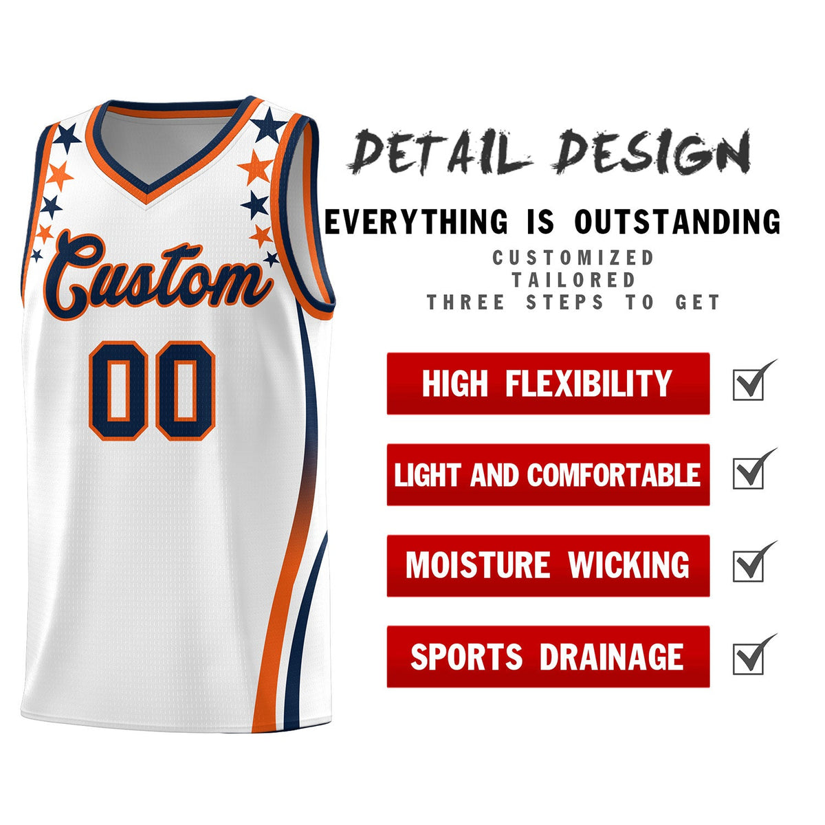 Custom White Shoulders Star Pattern Side Color Block Sports Uniform Basketball Jersey
