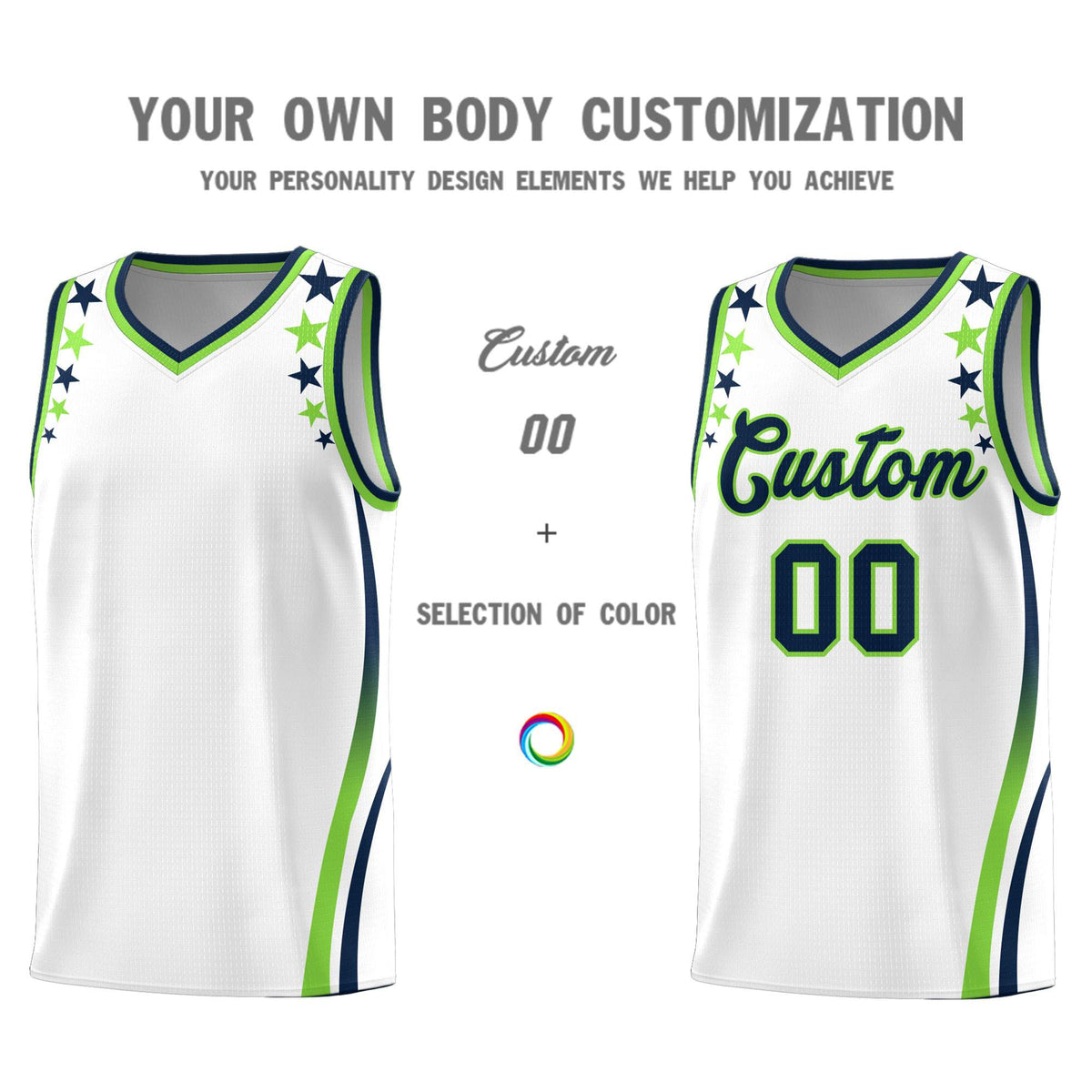 Custom White Shoulders Star Pattern Side Color Block Sports Uniform Basketball Jersey