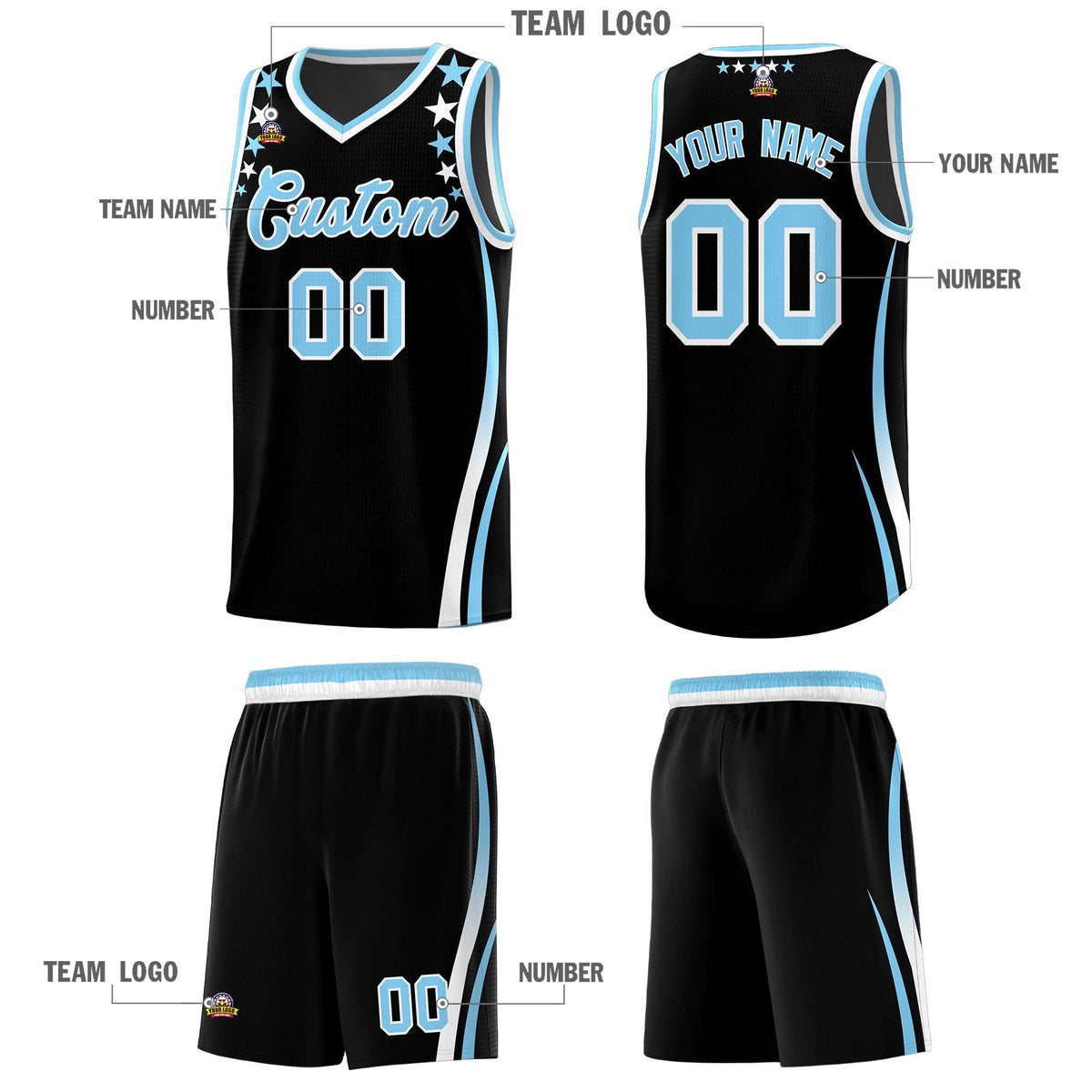 Custom Black Shoulders Star Pattern Side Color Block Sports Uniform Basketball Jersey