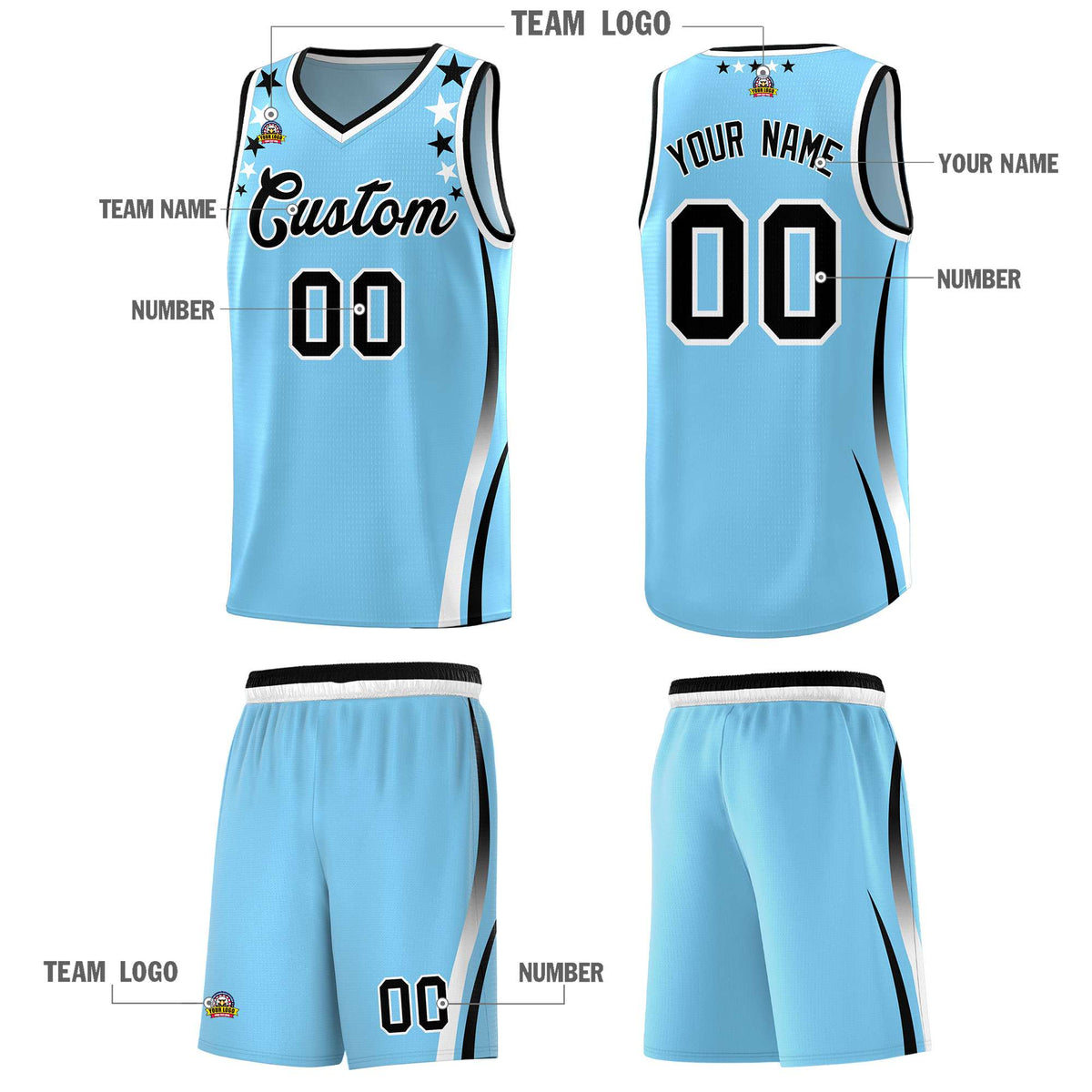 Custom Light Blue Shoulders Star Pattern Side Color Block Sports Uniform Basketball Jersey